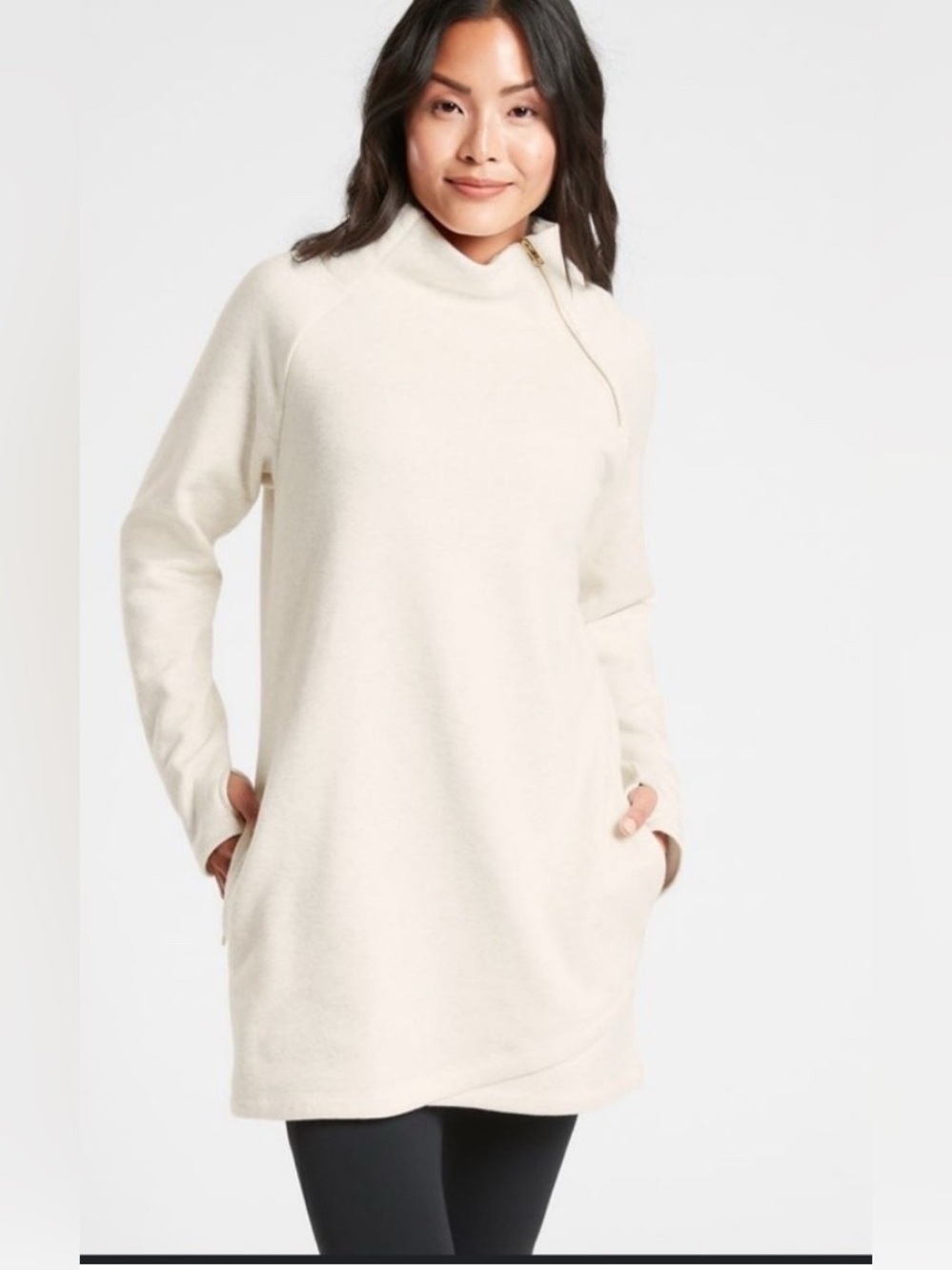 Athleta Cozy Karma Asymmetrical Dress Cream Funnel Neck Pullover xs